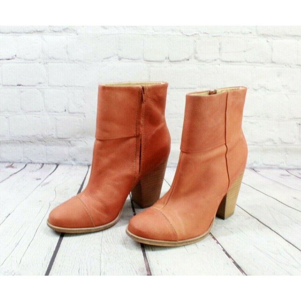 LL Bean Burnt Orange Leather Cap Toe Block Heel Side Zip Boots Size 8 M - Picture 2 of 9
